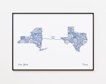 New York Texas Karte Druck, zwei Staaten Liebe Kunst, Fern Beziehung Geschenk