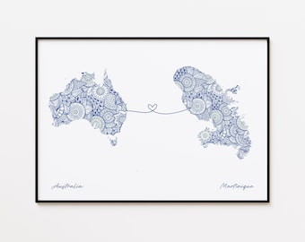 Australia Martinique Map Print, Two Countries Friendship Gift, Dual Citizenship Gift