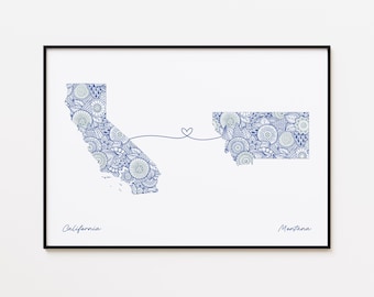 Impresión de mapa de California y Montana, arte de conexión entre estados, regalo de doble ciudadanía