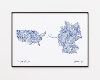 Impresión de mapa de EE. UU. y Alemania, regalo de conexión con el país, impresión de viaje de amistad