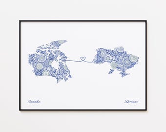 Impresión de mapa de Canadá y Ucrania, impresión de conexión con el país, regalo de larga distancia