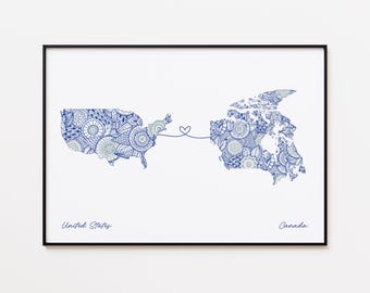 Impresión de mapa de EE. UU. y Canadá, arte de pared de conexión entre países, impresión de mapa de la amistad