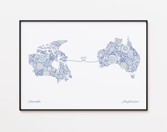 Canada Australia Map Print, Two Country Love Art, Friendship Travel Print