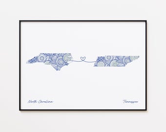 North Carolina Tennessee Map Print, States Connection Map, Farewell Gift