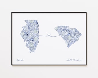 Illinois South Carolina Map Print, State Heart Map, Faraway Love Gift