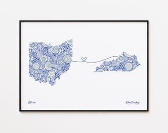Impresión de mapa de Ohio y Kentucky, arte de conexión con los estados, regalo para mudanza