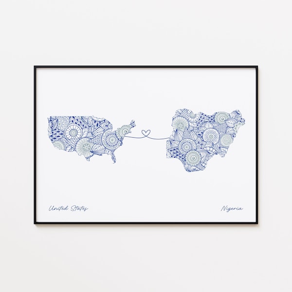 USA Nigeria Map Print, Moving Abroad Gift, Friendship Travel Print