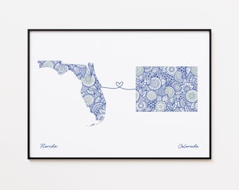 Impresión de mapa de Florida y Colorado, regalo de amistad de dos estados, regalo de amor sin fronteras