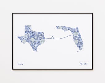 Stampa della mappa del Texas e della Florida, regalo di amicizia tra due stati, stampa della mappa dell'amicizia