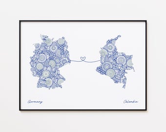 Impresión de mapa de Alemania y Colombia, regalo para mudanza al extranjero, regalo de inauguración de la casa