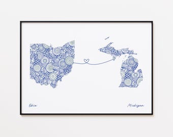 Ohio Michigan Map Print, State Connection Print, Farewell Gift