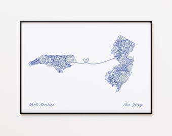 North Carolina New Jersey Map Print, State Connection Print, Borderless Love Gift