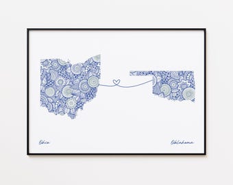Impresión de mapa de Ohio y Oklahoma, regalo de amistad de dos estados, regalo para una relación a distancia
