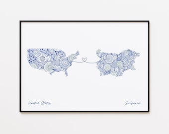 Impresión de mapa de EE. UU. y Bulgaria, arte de dos países, arte de pared minimalista de viajes