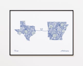 Impresión del mapa de Texas y Arkansas, arte de la amistad entre dos estados, impresión del mapa de la amistad