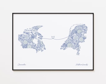 Impresión de mapa de Canadá y Países Bajos, arte de dos países enamorados, regalo de doble ciudadanía