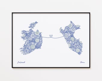 Impresión de mapa de Irlanda y Perú, mapa de conexión de países, regalo de amor sin fronteras