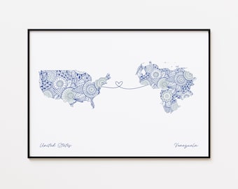 USA Venezuela Map Print, Two Countries Friendship Gift, Dual Citizenship Gift