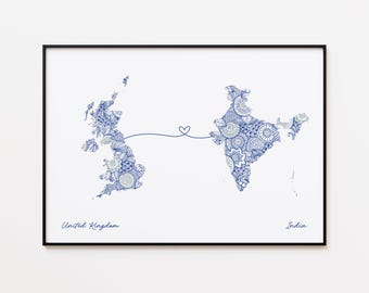 Impresión de mapa de Reino Unido e India, impresión de conexión con el país, regalo de larga distancia