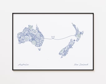 Australia New Zealand Map Print, Country Connection Gift, Housewarming Gift