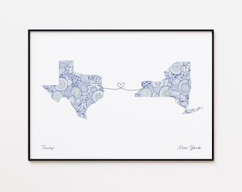Texas New York Kartendruck, zwei Staaten reisen Kunst, Freundschaftsreisedruck