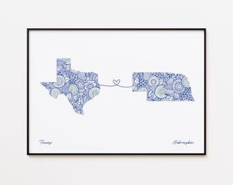 Impresión del mapa de Texas y Nebraska, regalo de amistad de dos estados, regalo de amor sin fronteras