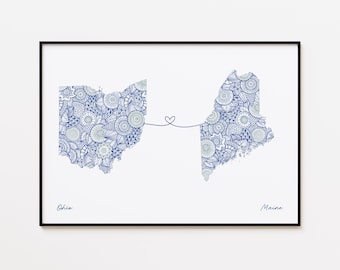 Impresión de mapa de Ohio y Maine, arte de la amistad entre dos estados, impresión de viaje de amistad
