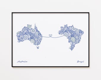 Australia Brazil Map Print, Countries Connection Map, Dual Citizenship Gift