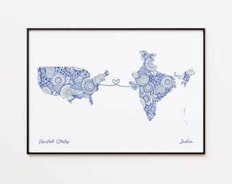 Impresión de mapa de EE. UU. e India, regalo de amistad entre dos países, regalo de larga distancia
