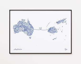 Australia Fiji Map Print, Two Countries Travel Art, Farewell Gift