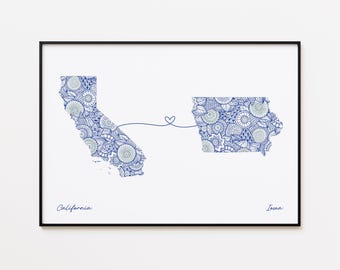 Impresión del mapa de California y Iowa, arte de la amistad entre dos estados, regalo de despedida