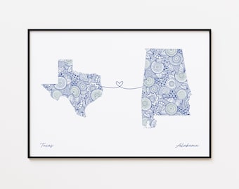 Impresión del mapa de Texas y Alabama, arte de la amistad entre dos estados, regalo de doble ciudadanía