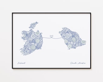 Ireland Saudi Arabia Map Print, Countries Connection Map, Long Distance Gift