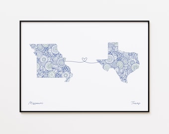 Missouri Texas Map Print, State Connection Print, Faraway Love Gift