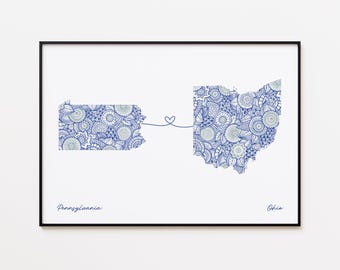 Pennsylvania Ohio Map Print, States Connection Art, Farewell Gift