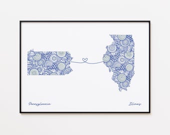 Pennsylvania Illinois Map Print, Two States Friendship Gift, Farewell Gift