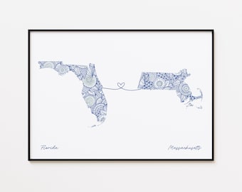 Impresión de mapas de Florida y Massachusetts, mapa de conexión de estados, regalo de doble ciudadanía
