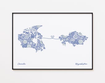 Canada Kazakhstan Map Print, Two Countries Friendship Gift, Farewell Gift