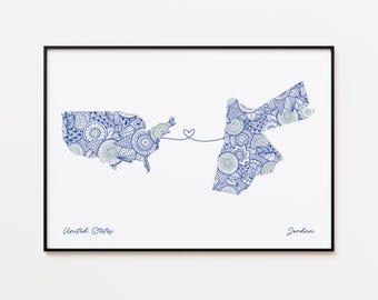Impresión de mapa de EE. UU. y Jordania, arte de pared de conexión entre países, impresión de mapa de la amistad
