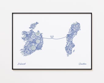 Ireland Sweden Map Print, Two Countries Friendship Gift, Faraway Love Gift
