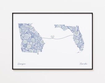 Impresión de mapa de Georgia y Florida, arte de la amistad entre dos estados, regalo para una relación a distancia
