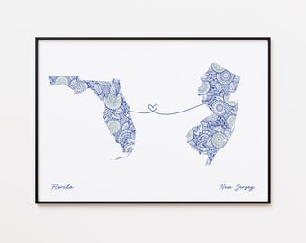 Florida New Jersey Map Print, Two States Friendship Art, Borderless Love Gift