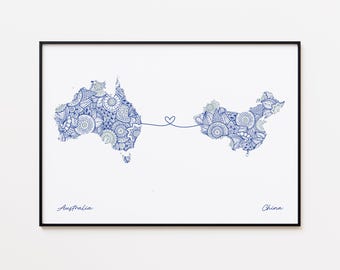 Impresión de mapa de Australia y China, arte de viaje de dos países, arte mural minimalista de viajes