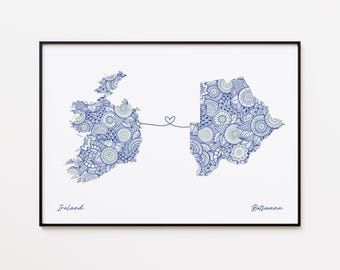 Ireland Botswana Map Print, Country Connection Gift, Long Distance Relationship Gift