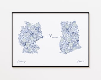 Impresión de mapa de Alemania y Ghana, arte de viaje de dos países, regalo de inauguración de la casa