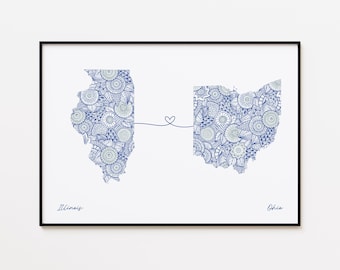 Impresión de mapa de Illinois y Ohio, arte de conexión entre estados, regalo de amor sin fronteras