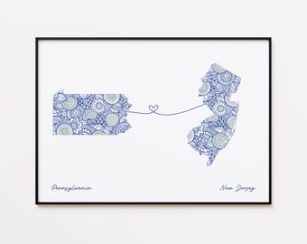 Impresión de mapas de Pensilvania y Nueva Jersey, mapa de conexión de estados, impresión de viajes de amistad