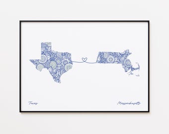 Texas Massachusetts Map Print, Two States Love Art, Borderless Love Gift