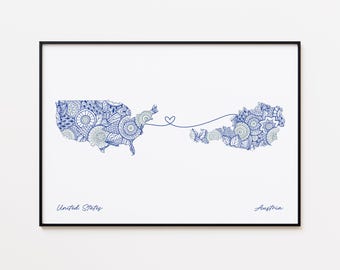 Impresión de mapa de EE. UU. y Austria, mapa de conexión de países, regalo de amor lejano