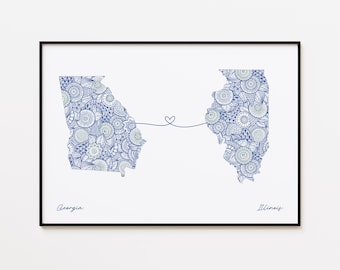 Impresión de mapa de Georgia e Illinois, arte de viaje de dos estados, regalo de despedida